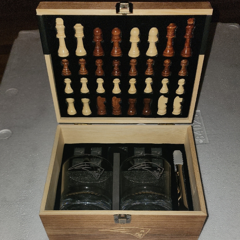 Wooden Chess and Whiskey Glass Set